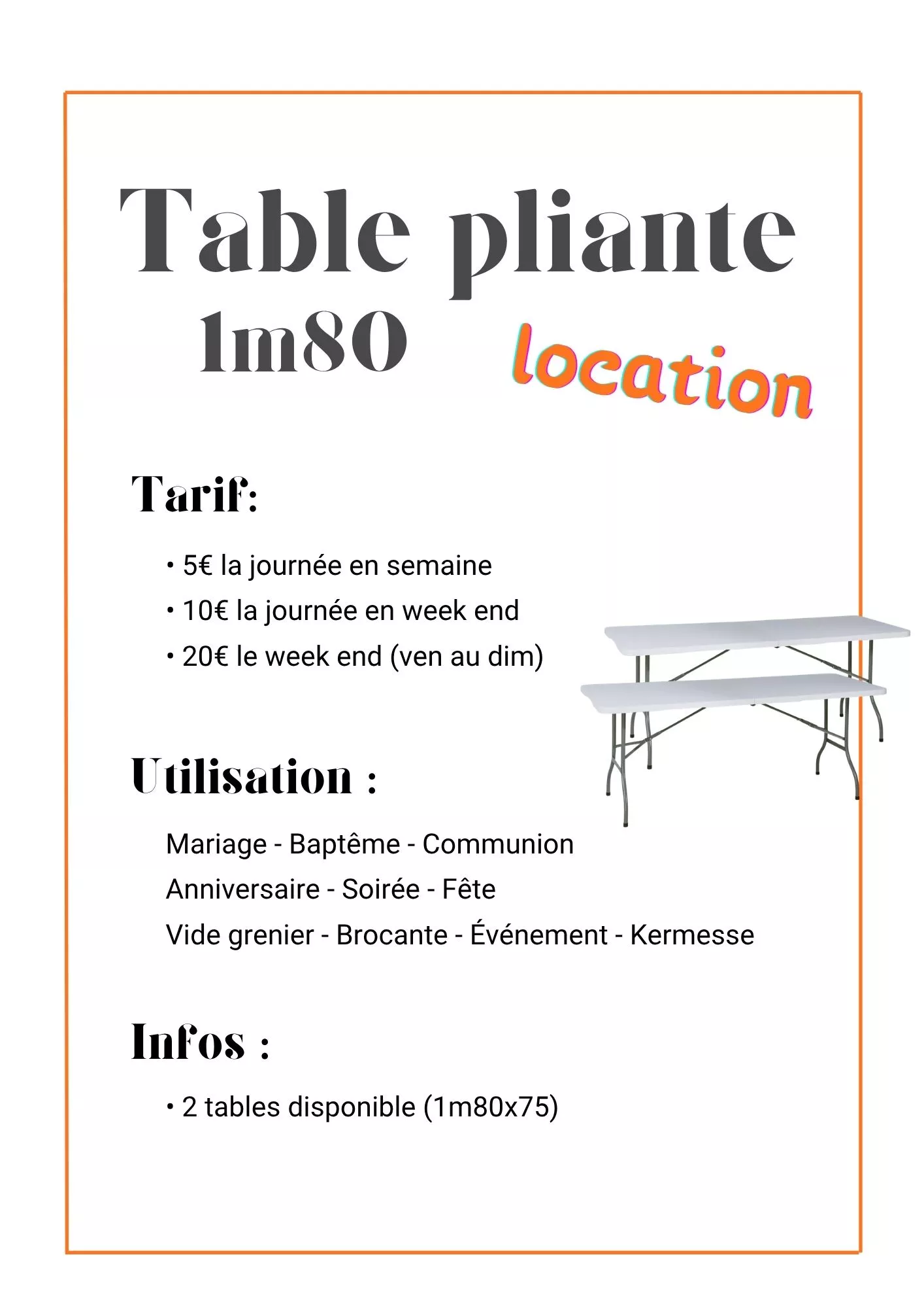 Table pliante 180cm x 2